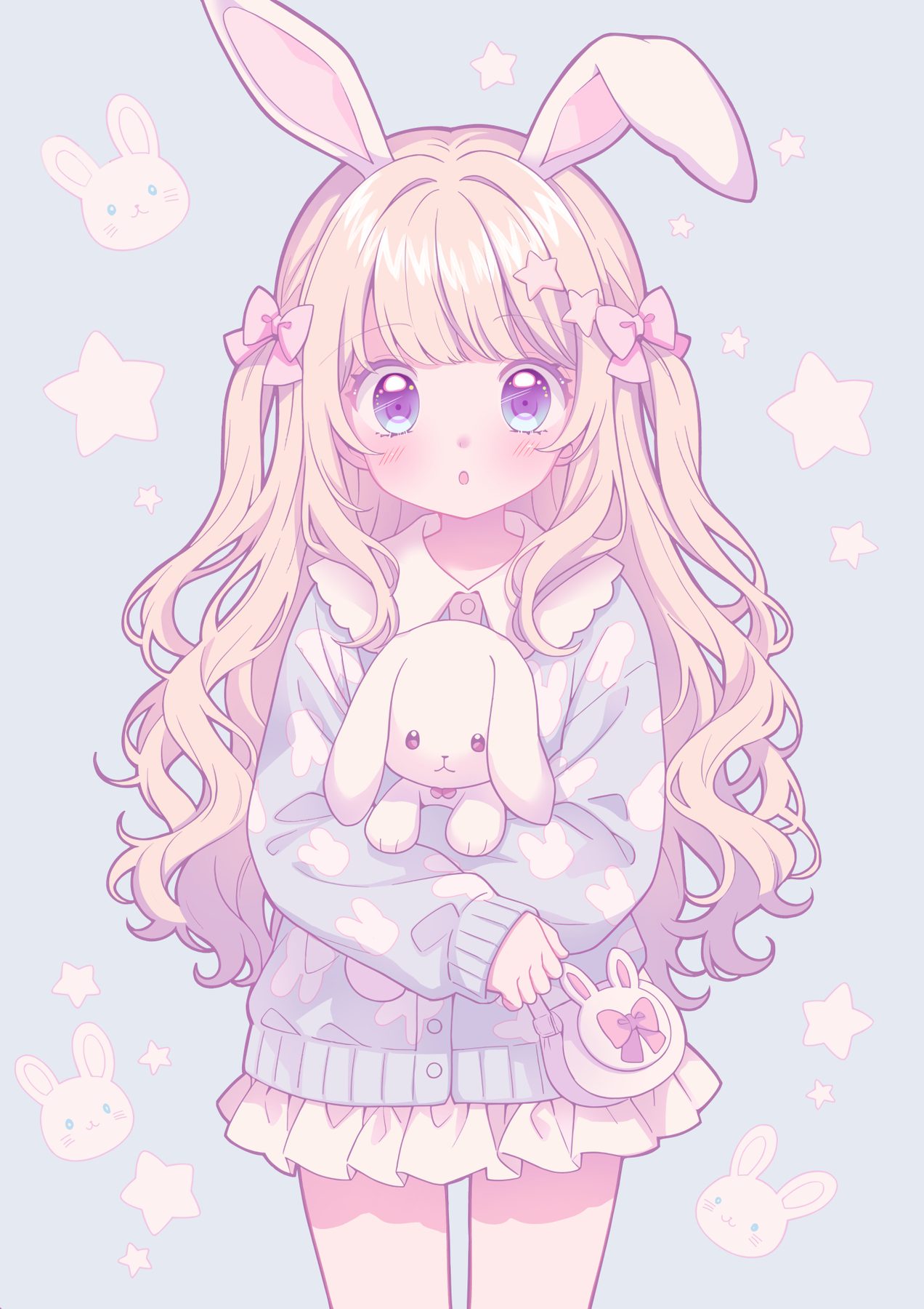 うさぎの耳をつけた女の子の淡いイラスト